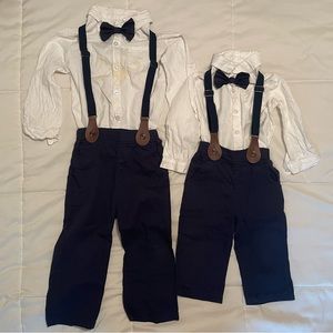 Two sets matching boys outfits: dress shirt, bow tie, dress pants, suspenders